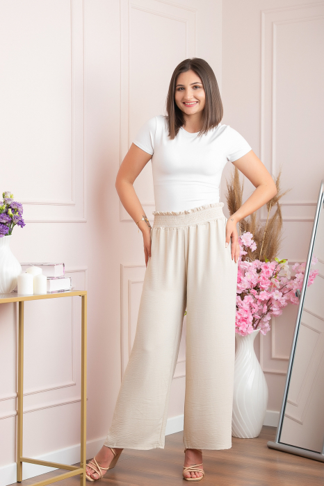 Pantaloni palazzo Norah cu talie inalta si broderie zig-zag - Crem [3]