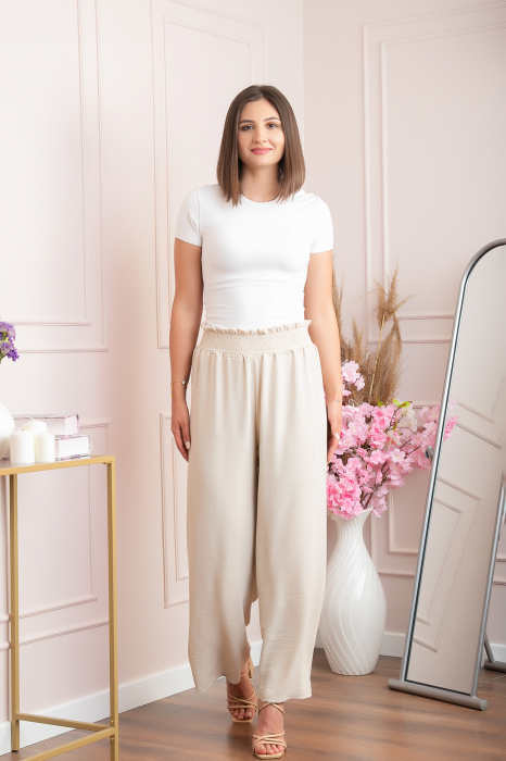 Pantaloni palazzo Norah cu talie inalta si broderie zig-zag - Crem