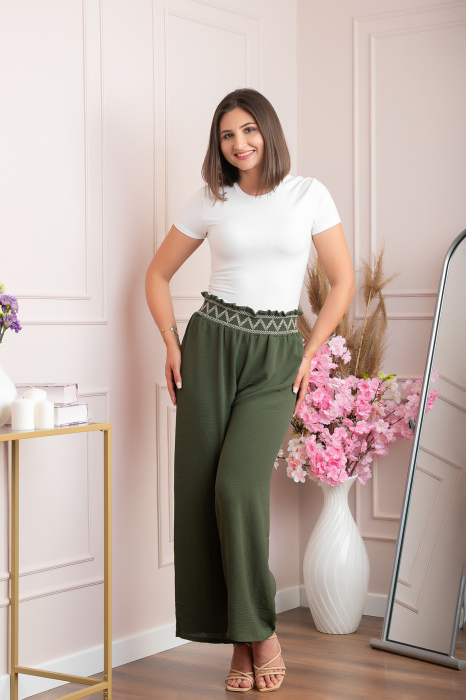 Pantaloni palazzo Norah cu talie inalta si broderie zig-zag - Kaki [4]