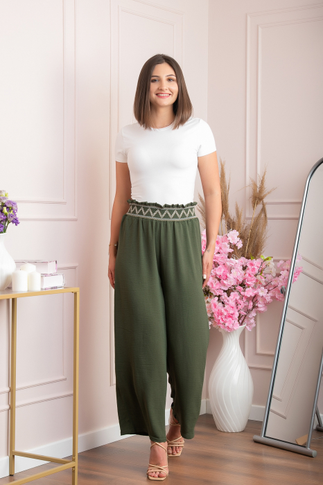 Pantaloni palazzo Norah cu talie inalta si broderie zig-zag - Kaki