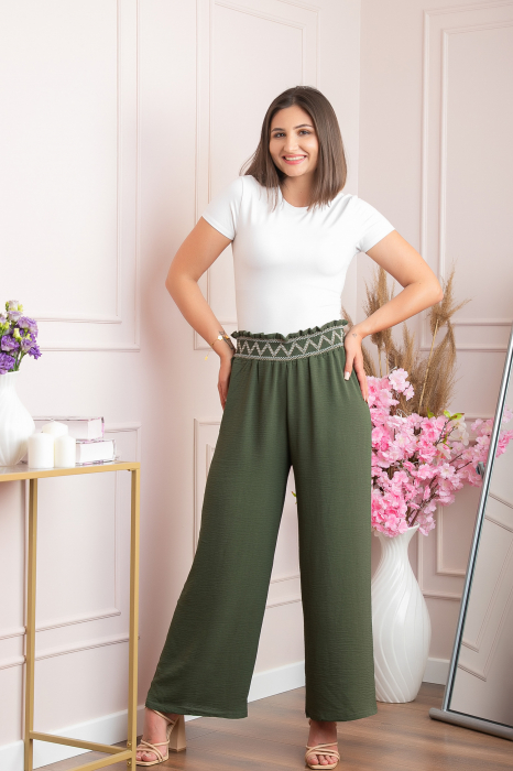 Pantaloni palazzo Norah cu talie inalta si broderie zig-zag - Kaki [3]