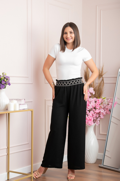 Pantaloni palazzo Norah cu talie inalta si broderie zig-zag - Negru [3]