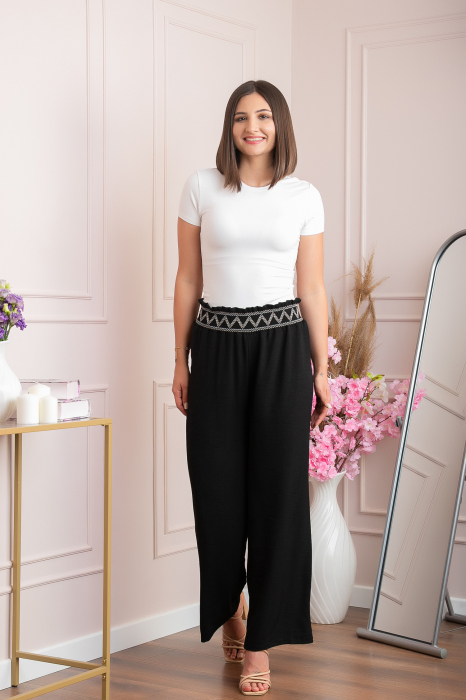Pantaloni palazzo Norah cu talie inalta si broderie zig-zag - Negru