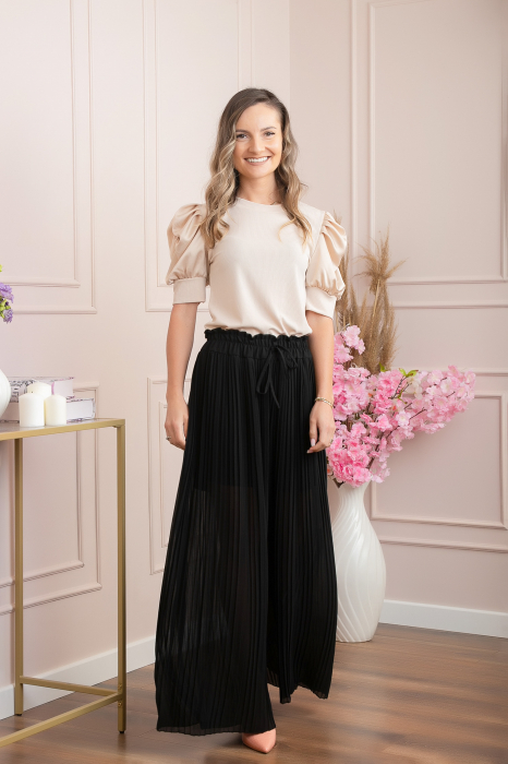 Pantaloni plisati Coraline din voal cu talie elastica - Negru [3]