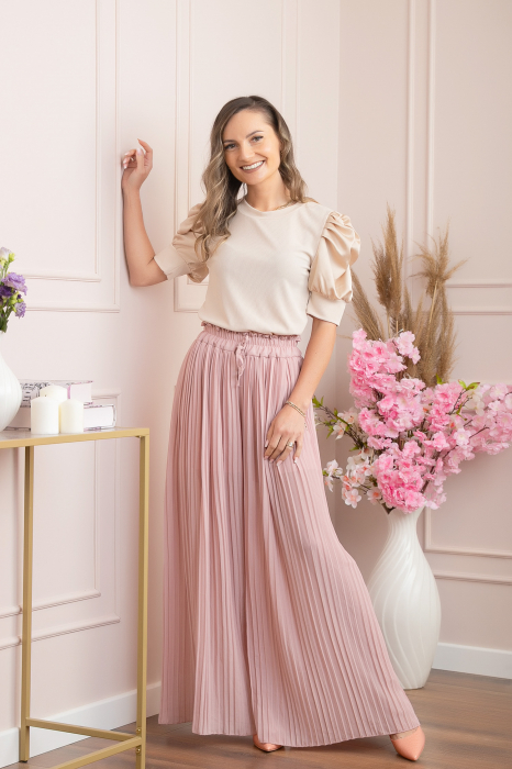 Pantaloni plisati Coraline din voal cu talie elastica - Roz pudrat
