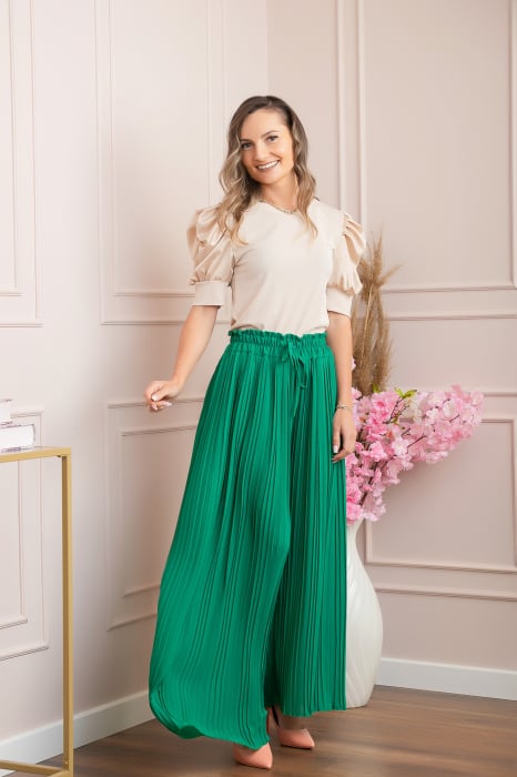Pantaloni plisati Coraline din voal cu talie elastica - Verde [4]