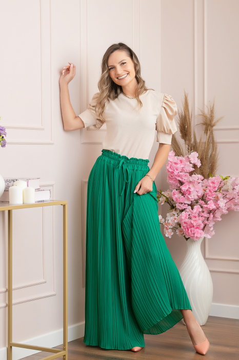 Pantaloni plisati Coraline din voal cu talie elastica - Verde