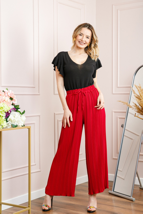 Pantaloni plisati rosii cu elastic in talie [4]