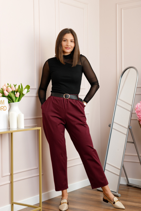 Pantaloni plus size grena cu talie elastica si curea reglabila Lillian [3]