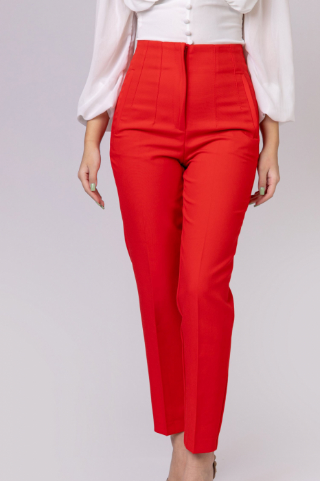 Pantaloni rosii cu talie inalta si cusaturi decorative [3]