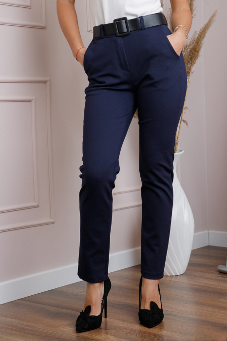 Pantaloni slim bleumarin cu talie inalta si curea lata [3]
