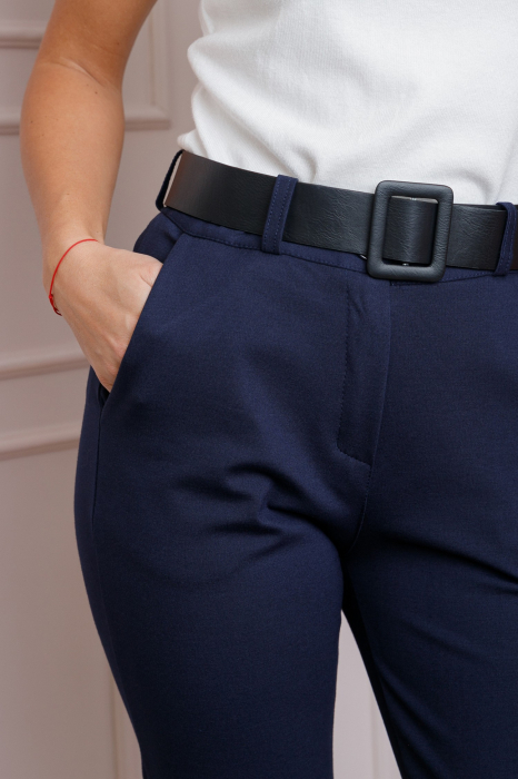 Pantaloni slim bleumarin cu talie inalta si curea lata [2]