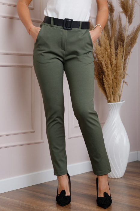 Pantaloni slim kaki cu talie inalta si curea lata [3]