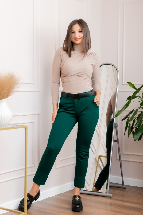 Pantaloni slim verzi cu talie inalta si curea lata [3]