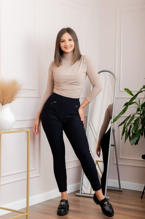 Pantaloni tip colanti Karen cu talie inalta si buzunare - Bleumarin