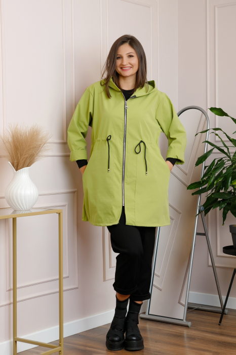 Pardesiu casual verde lime cu talie ajustabila si gluga