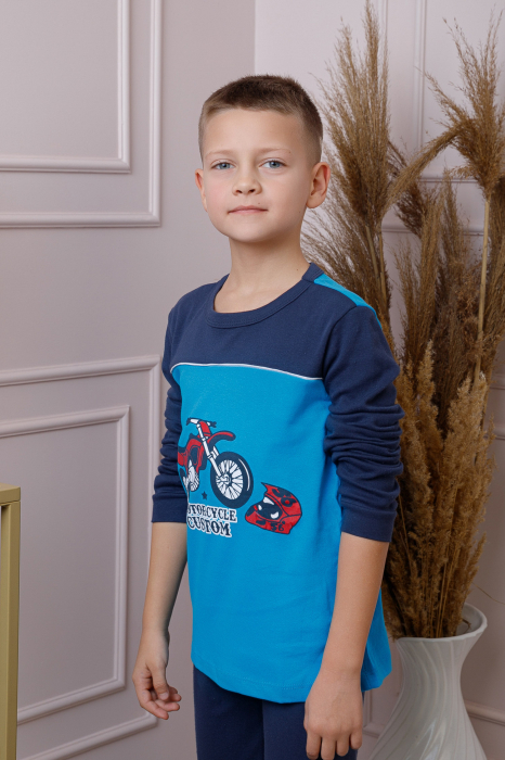 Pijama baieti Oliver din bumbac albastru cu imprimeu motocicleta [3]