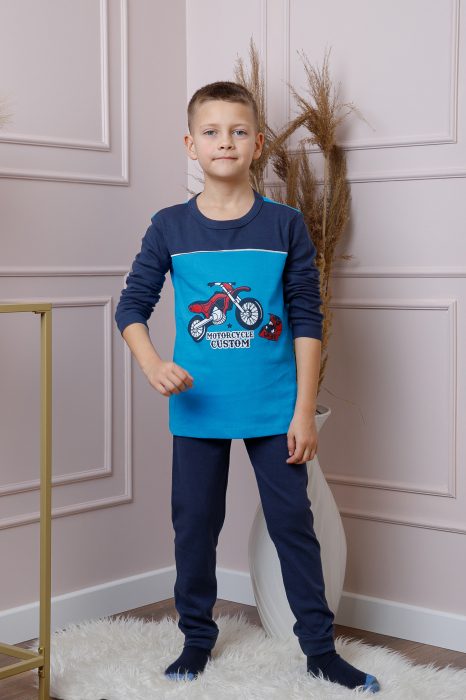 Pijama baieti Oliver din bumbac albastru cu imprimeu motocicleta [4]