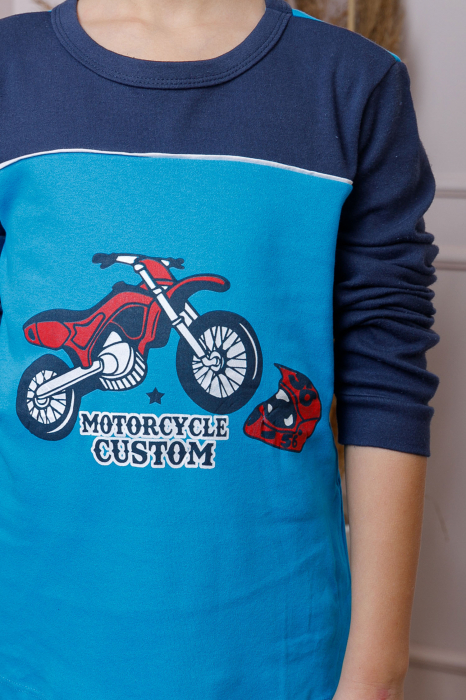Pijama baieti Oliver din bumbac albastru cu imprimeu motocicleta [2]