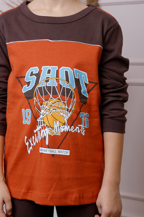 Pijama baieti Oliver din bumbac orange cu imprimeu baschet [2]