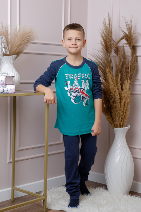 Pijama baieti Oliver din bumbac turcoaz cu imprimeu monster truck [4]