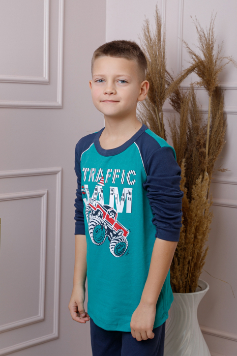 Pijama baieti Oliver din bumbac turcoaz cu imprimeu monster truck [3]