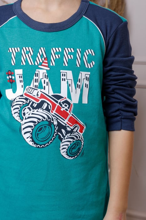 Pijama baieti Oliver din bumbac turcoaz cu imprimeu monster truck [2]