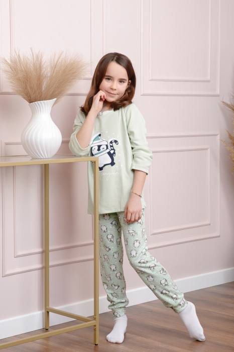 Pijama fetite Ellie din bumbac verde pastel cu imprimeu cu pinguini