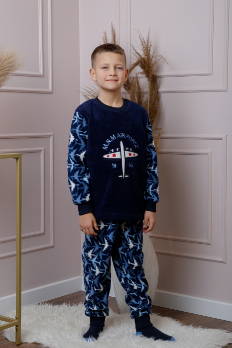 Pijama baieti Teddy din fleece bleumarin cu model avioane [4]