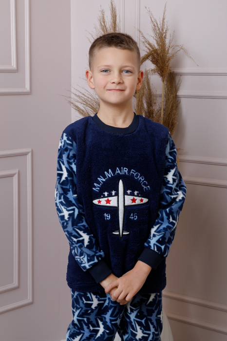 Pijama baieti Teddy din fleece bleumarin cu model avioane [3]
