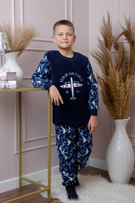 Pijama baieti Teddy din fleece bleumarin cu model avioane [5]