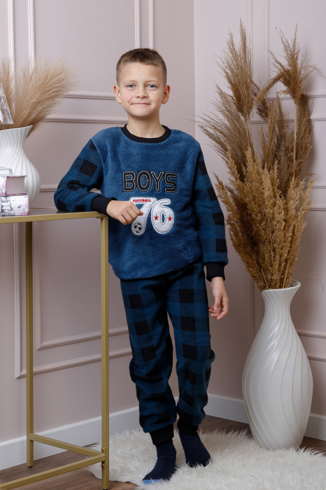 Pijama baieti Teddy din fleece bleumarin cu model fotbal