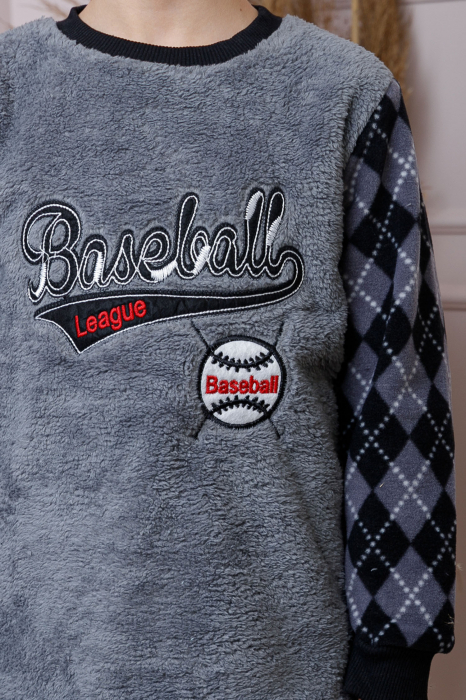 Pijama baieti Teddy din fleece gri cu model baseball [2]