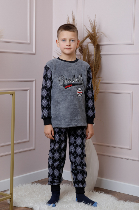 Pijama baieti Teddy din fleece gri cu model baseball [4]