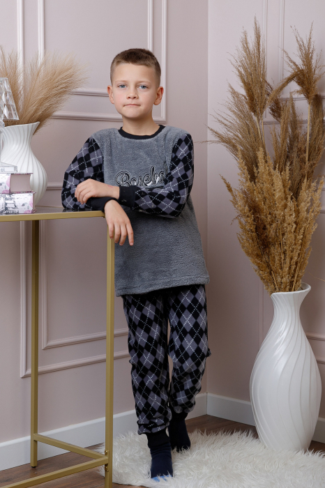 Pijama baieti Teddy din fleece gri cu model baseball