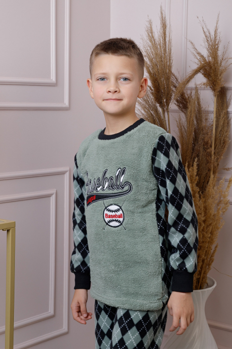 Pijama baieti Teddy din fleece verde cu model baseball [3]