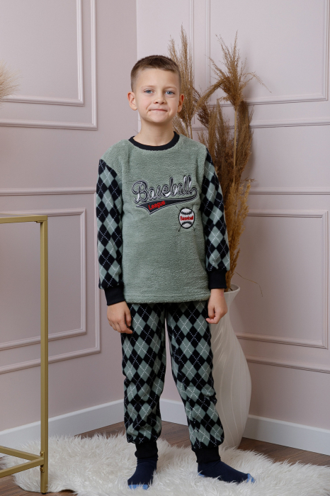Pijama baieti Teddy din fleece verde cu model baseball [4]