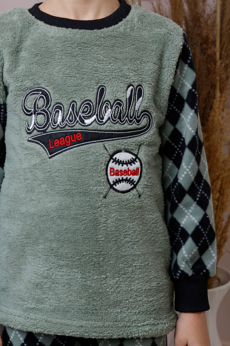 Pijama baieti Teddy din fleece verde cu model baseball [2]
