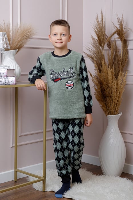 Pijama baieti Teddy din fleece verde cu model baseball