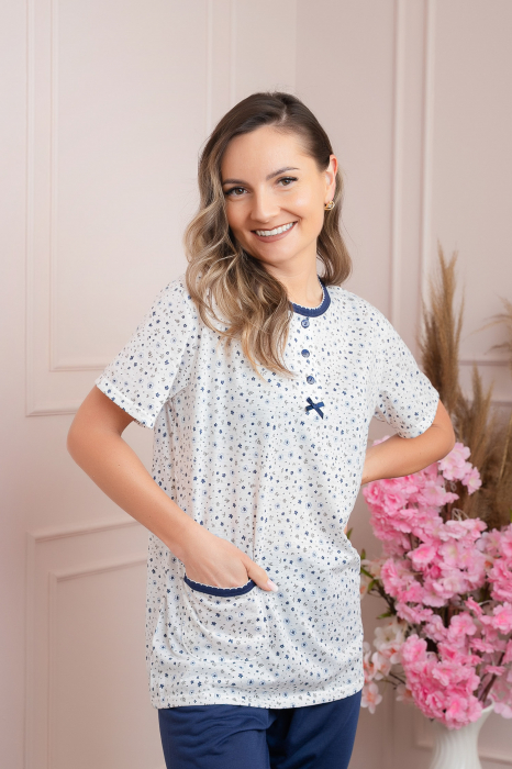 Pijama dama Ally cu imprimeu floral si buzunar - Bleumarin [3]