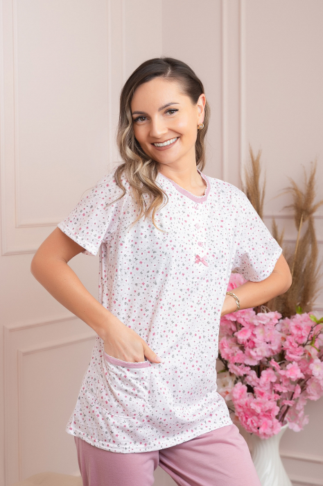 Pijama dama Ally cu imprimeu floral si buzunar - Roz [3]
