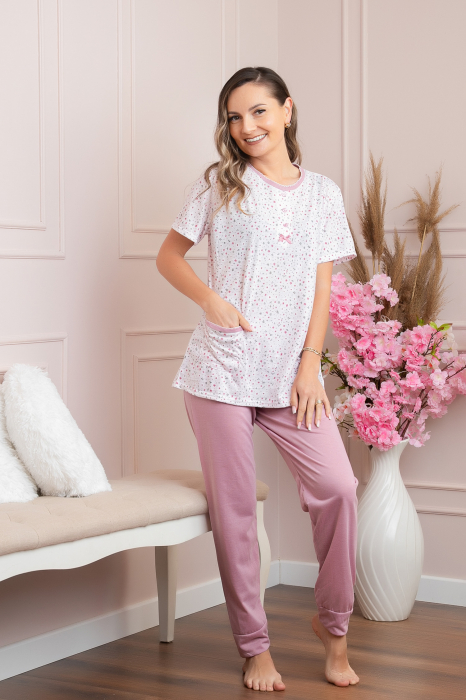 Pijama dama Ally cu imprimeu floral si buzunar - Roz [4]