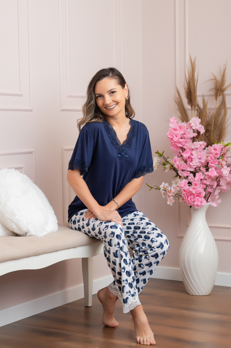 Pijama dama Amore cu detaliu din dantela - Bleumarin