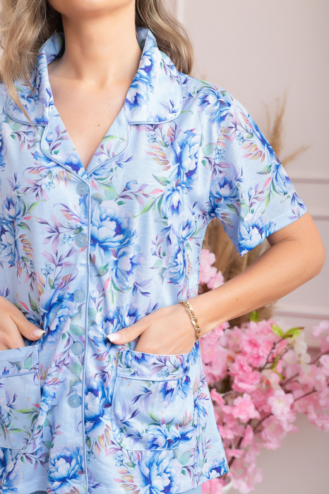 Pijama dama Blossom cu maneci scurte si imprimeu floral albastru [2]