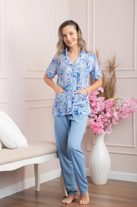 Pijama dama Blossom cu maneci scurte si imprimeu floral albastru [4]