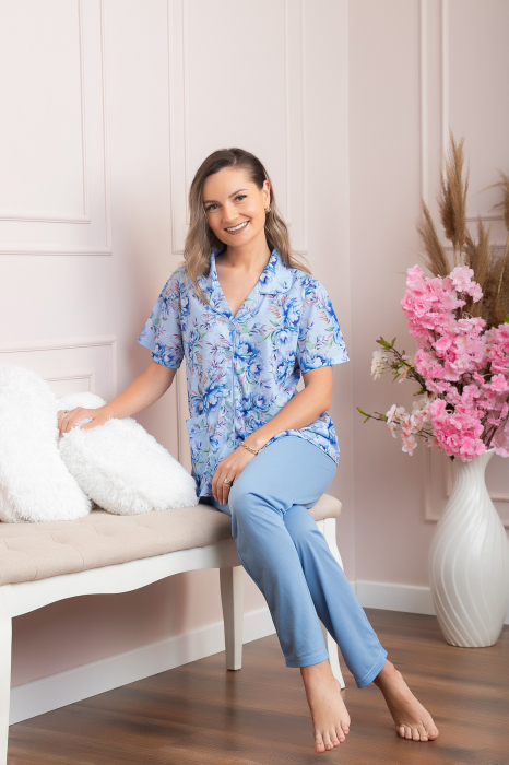 Pijama dama Blossom cu maneci scurte si imprimeu floral albastru