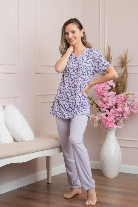 Pijama dama Joy cu nasturi functionali si inimioare - Lila [4]