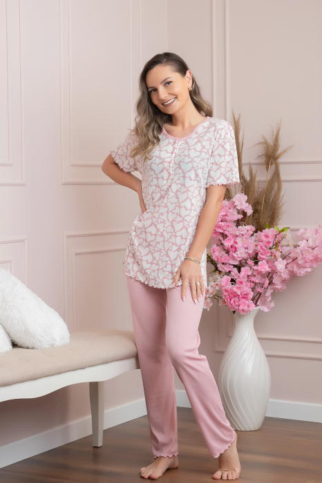 Pijama dama Joy cu nasturi functionali si inimioare - Roz [4]