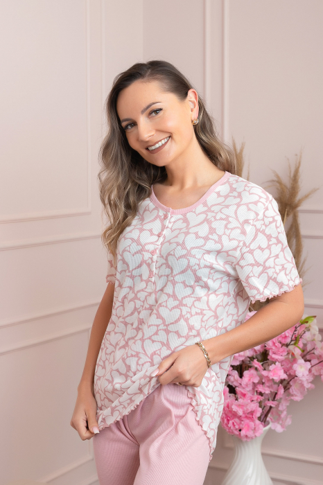 Pijama dama Joy cu nasturi functionali si inimioare - Roz [3]