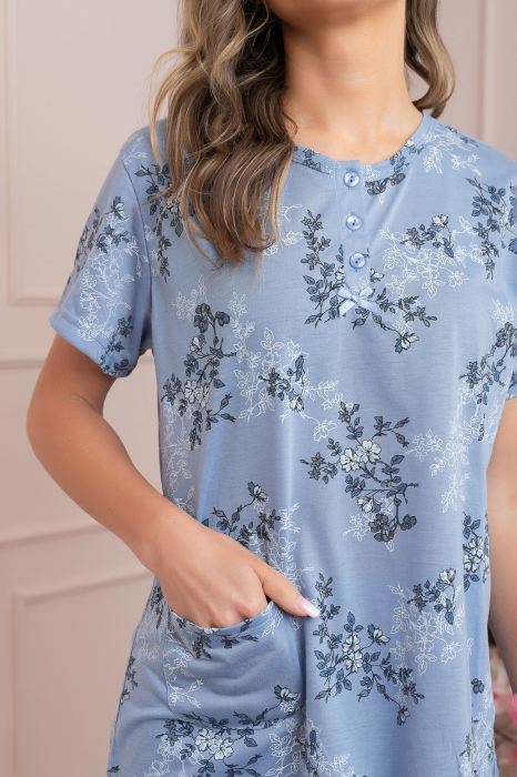 Pijama dama Lena cu imprimeu floral albastru si buzunar [2]